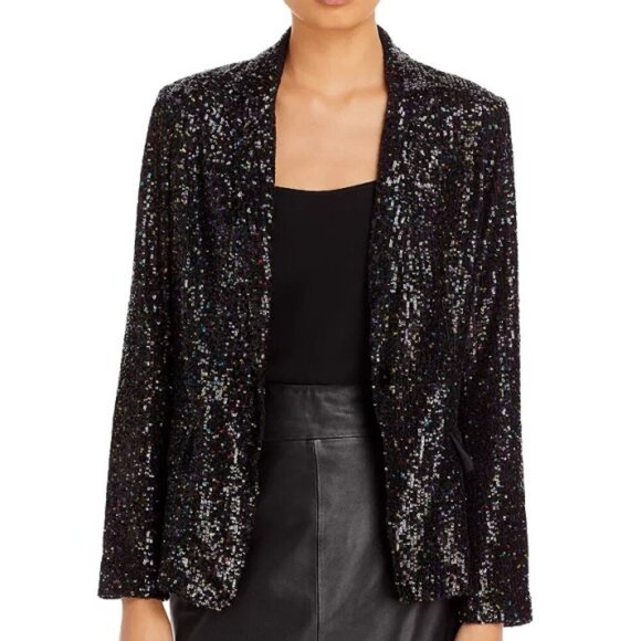 MILLY Confetti Sequin Fitted Blazer Jacket, Black Multicolor - Picture 2 of 3